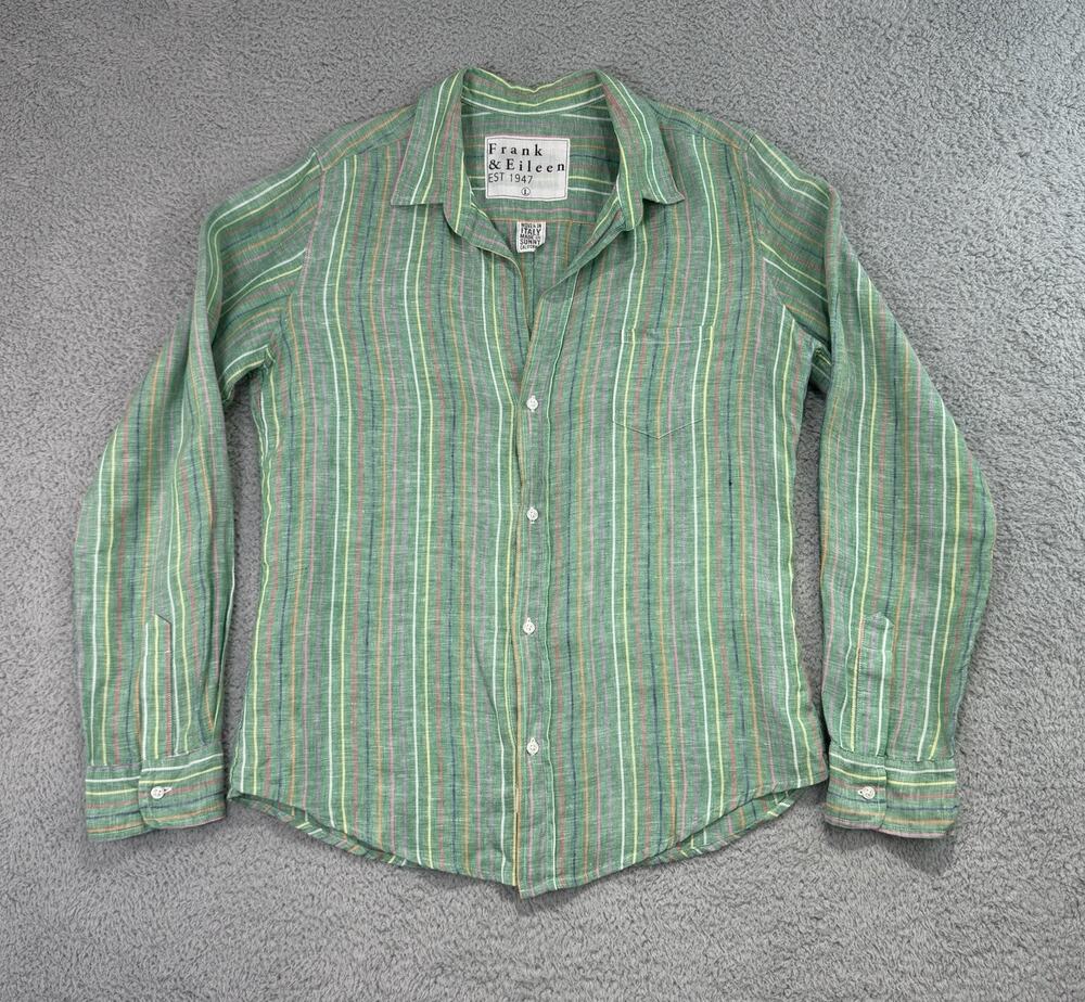 Frank & Eileen 100% Linen Barry Button Down Shirt Womens Sz Large Green Stripe